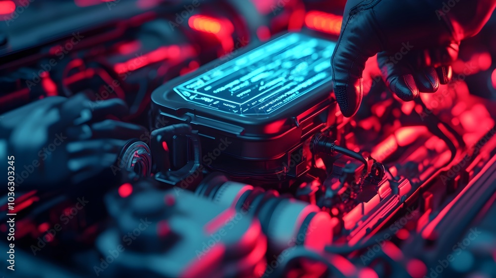 Poster automated robotic arm meticulously repairing a futuristic car engine with a holographic interface di