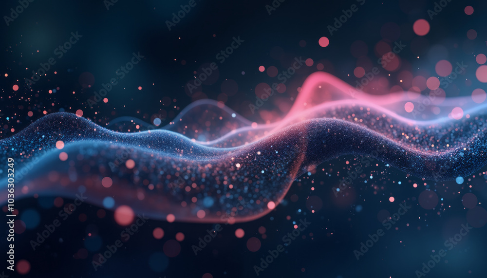 Poster tech-related visuals and modern designs combine blue and pink wavy lines with dots on a dark blue ba
