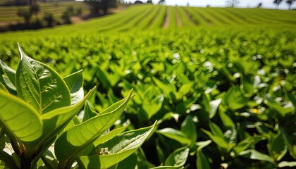 Obraz premium Lush green tea leaves in a vibrant plantation landscape.