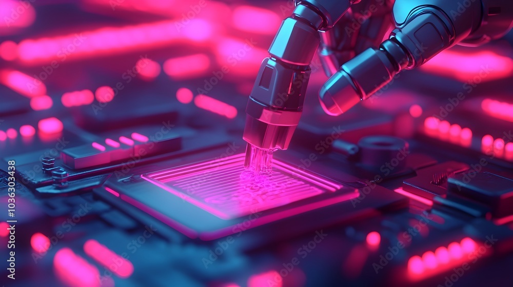 Poster automotive repair bot adjusting car settings via holographic display in sleek workshop with robotic 
