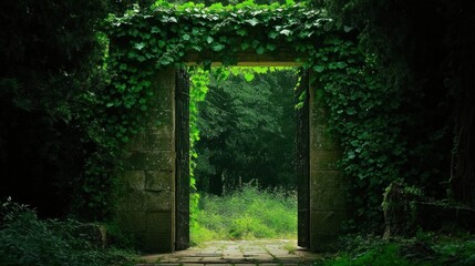 A stone archway covered in ivy leads into a lush, green forest.
