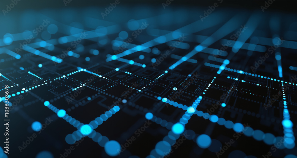 Poster a circuit board with blue dots, connected in a network-like pattern, symbolizing digital connectivit