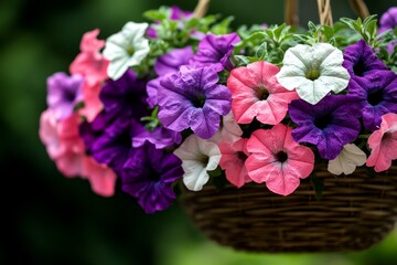 Petunias cascading from a hanging basket, with pink, purple, and white blooms spilling over the edges