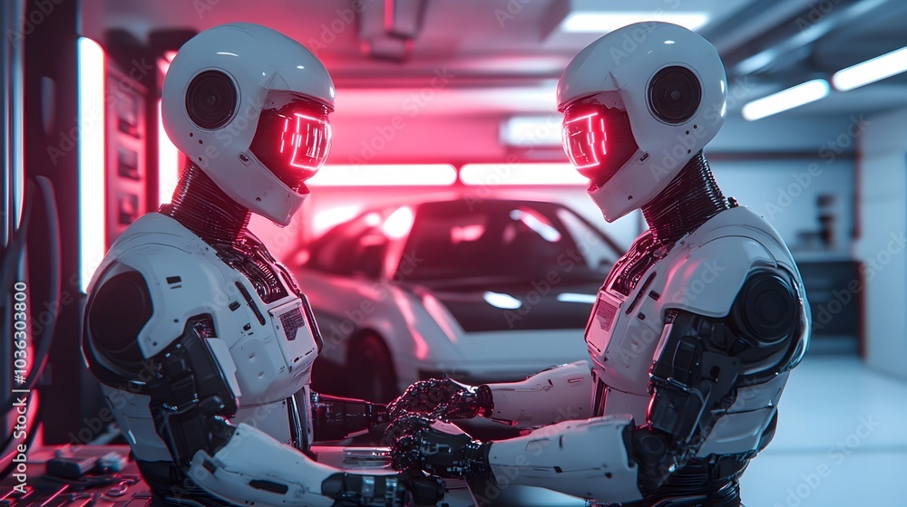 Poster futuristic scene of humanoid robots collaborating in a high tech garage using holographic tools to r