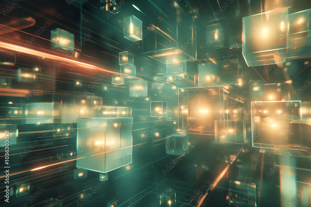 Poster abstract cyber tech background with floating 3d holographic cubes, emitting pulses of light in a dig