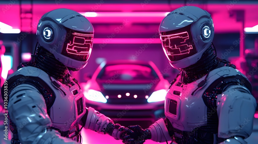 Aufkleber humanoid robots collaborating in a high tech garage fixing a levitating car with advanced holographi
