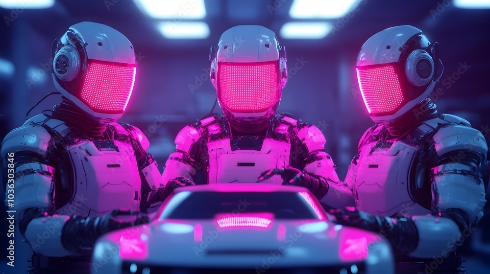 Poster two humanoid robots working together in a high tech garage using holographic tools to fix a levitati