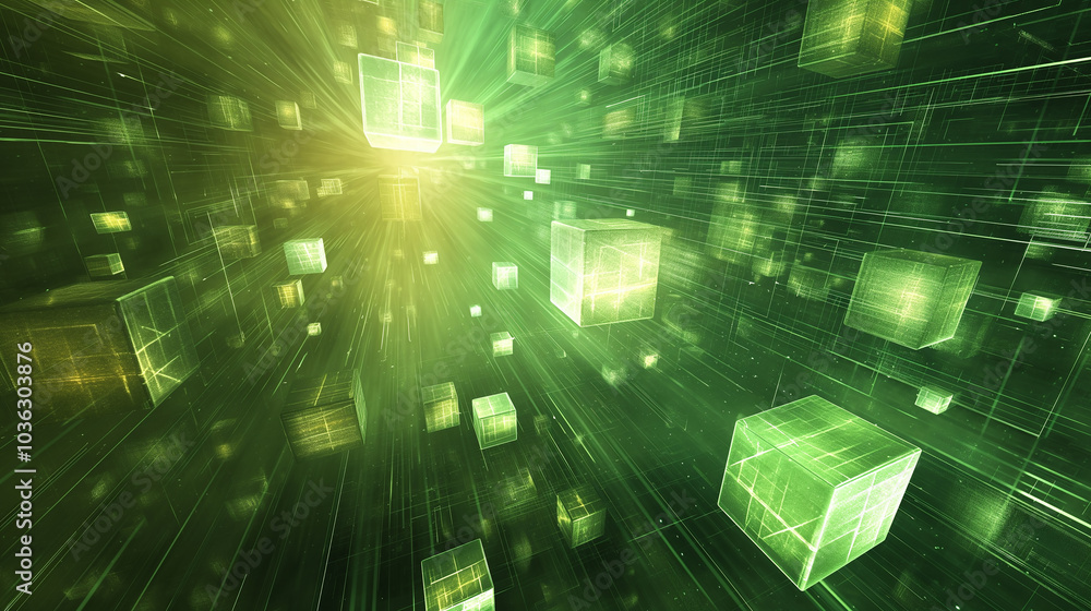 Poster Abstract cyber tech background with floating 3D holographic cubes, emitting pulses of light in a digital matrix.