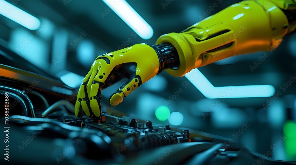 Poster robotic arm meticulously inspecting a car s battery with floating holographic diagnostics displayed 