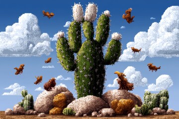 Pixel art of a Prickly Pear cactus, with animated desert creatures moving around the base
