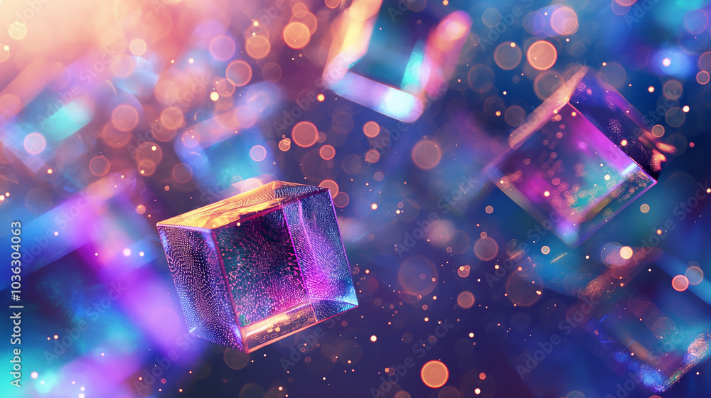 Poster abstract cyber tech background with floating 3d holographic cubes, emitting pulses of light in a dig