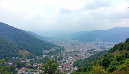 Naklejka premium Panoramic view of a city nestled in a valley surrounded by lush green mountains