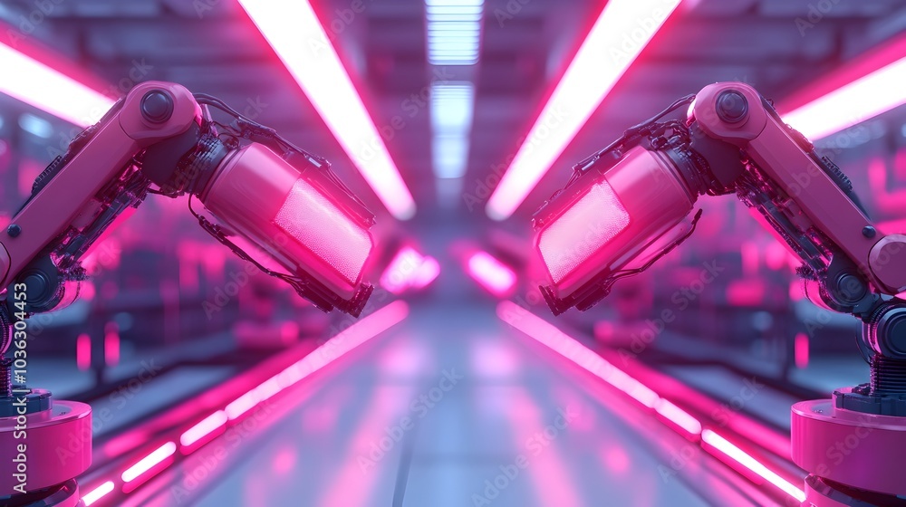 Poster autonomous robots assembling a futuristic vehicle with floating holographic displays and robotic arm