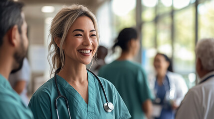 Diverse team of healthcare workers in a hospital, promoting the concept of health and wellness