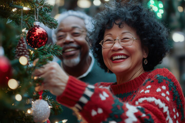 Diverse elderly couple decorating Christmas tree, concept of togetherness