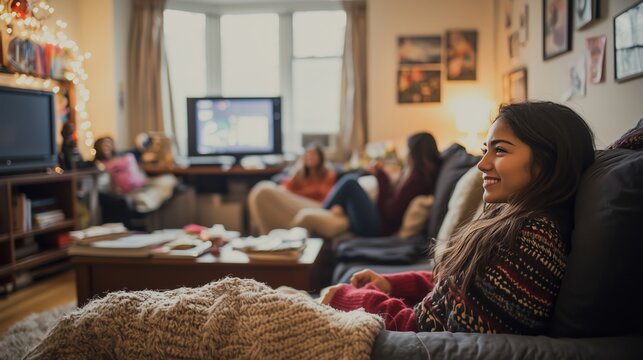 Hispanic female student relaxing with friends in cozy living room, promoting community and balance