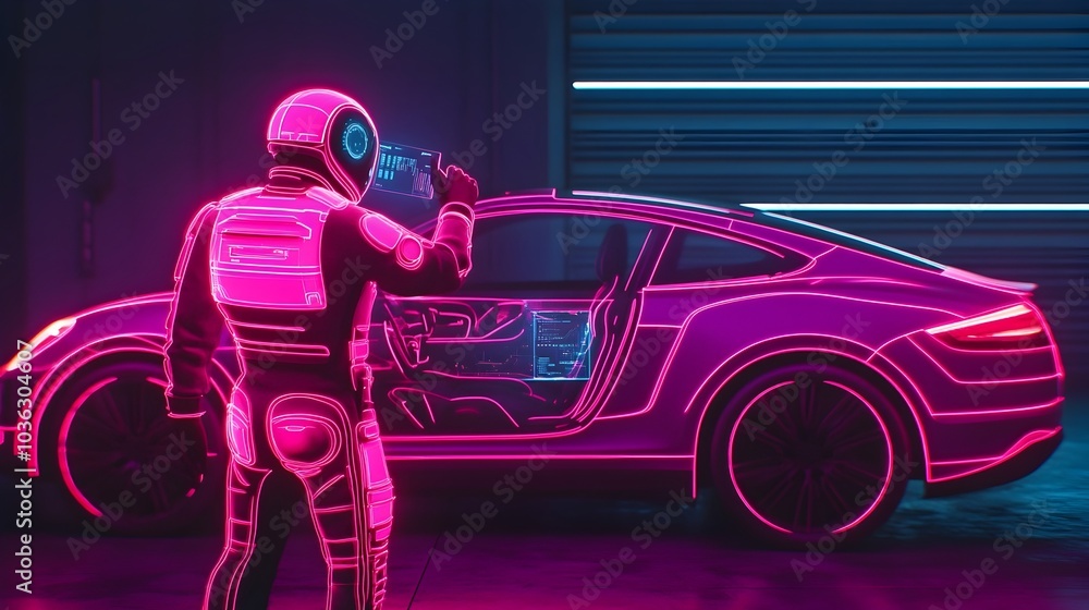 Poster robot mechanic adjusting the autonomous driving system of a car with holographic projections of the 