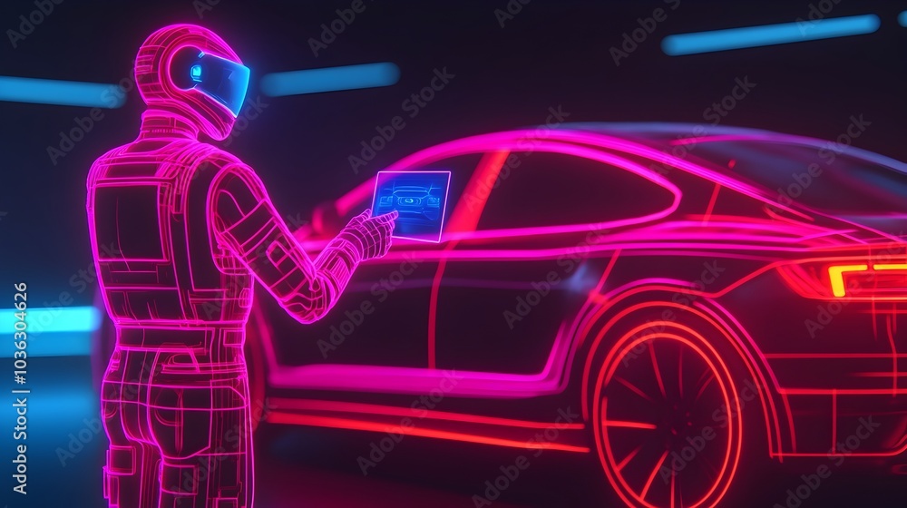 Aufkleber robot mechanic adjusting an autonomous driving system of a car with holographic projections of the i