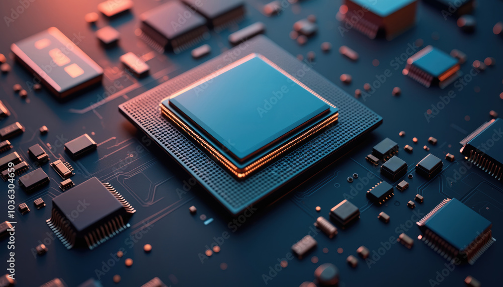 Poster stacked processors on circuit board: two stacked processors on a circuit board, symbolizing advanced