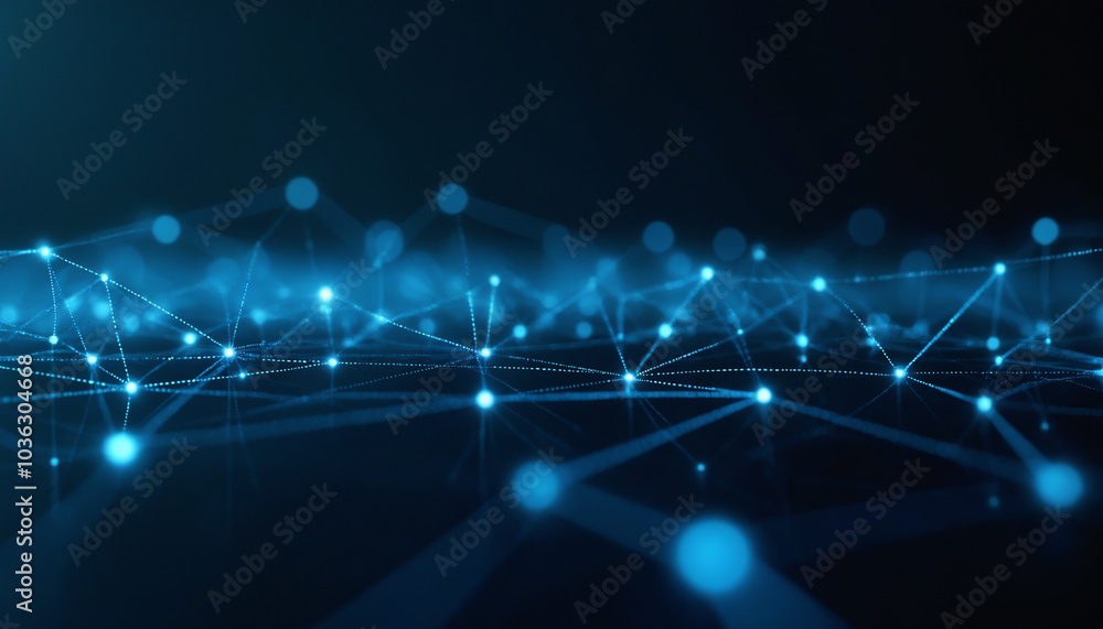 Poster digital waves with interconnected blue nodes: digital waves featuring interconnected blue nodes, sym