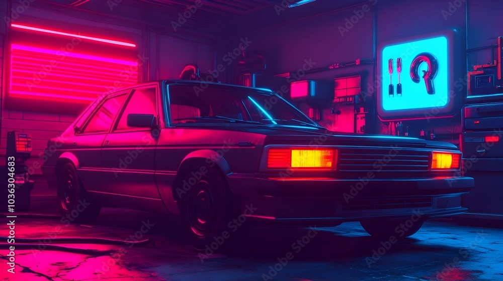 Aufkleber automated repair bot fixing a car s electrical system with sparks flying and holographic tools float