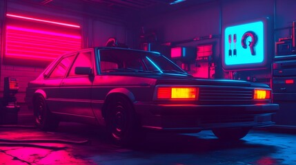 Automated Repair Bot Fixing a Car s Electrical System with Sparks Flying and Holographic Tools Floating Nearby in a Dark Industrial Garage with Neon Red and Blue Lighting Cyberpunk Digital Painting