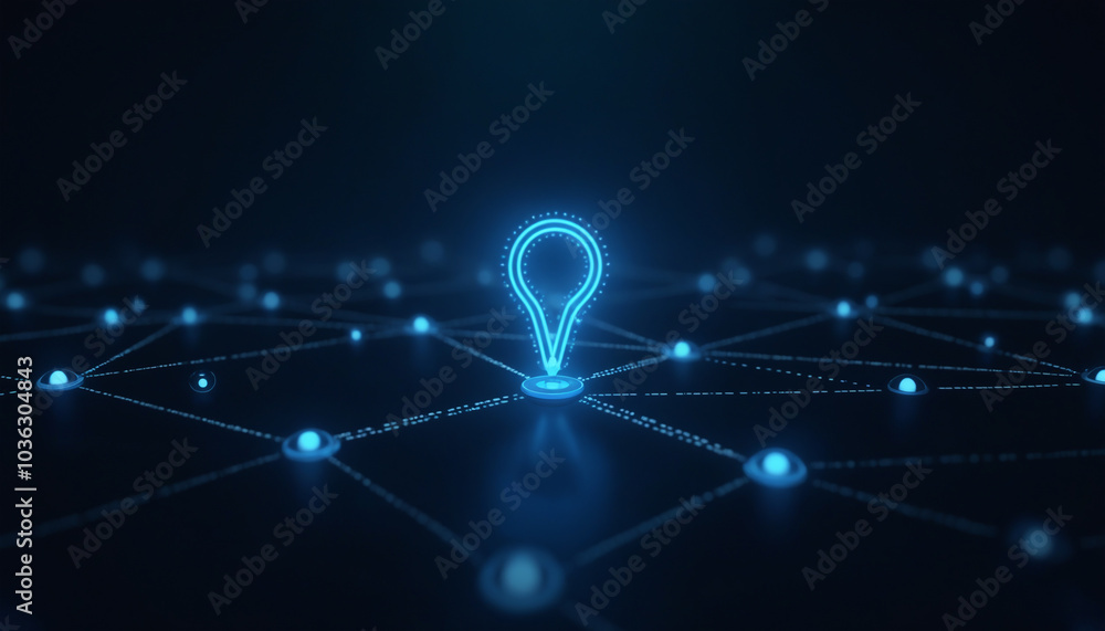 Poster location pin icon with network integration: a location pin icon embedded in a digital network, symbo
