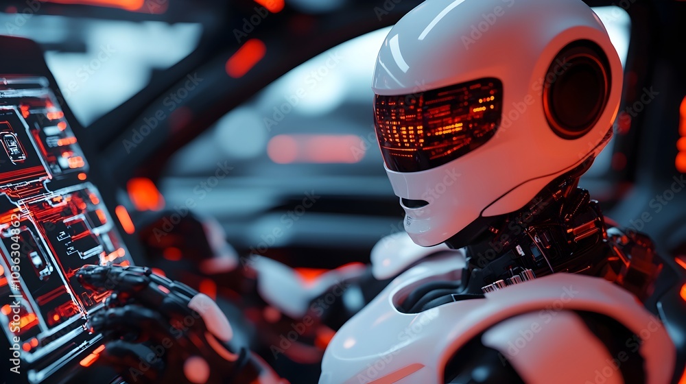Poster futuristic robot assistant adjusting car wiring with real time data displayed on holographic panels 