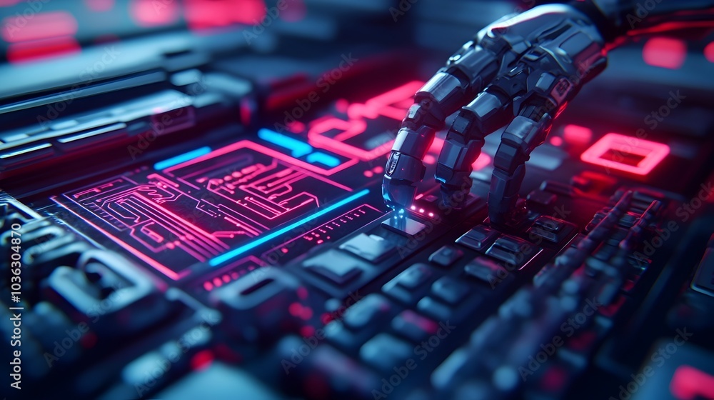 Poster futuristic robot assistant working in a dark neon lit workshop adjusting car wiring while holographi