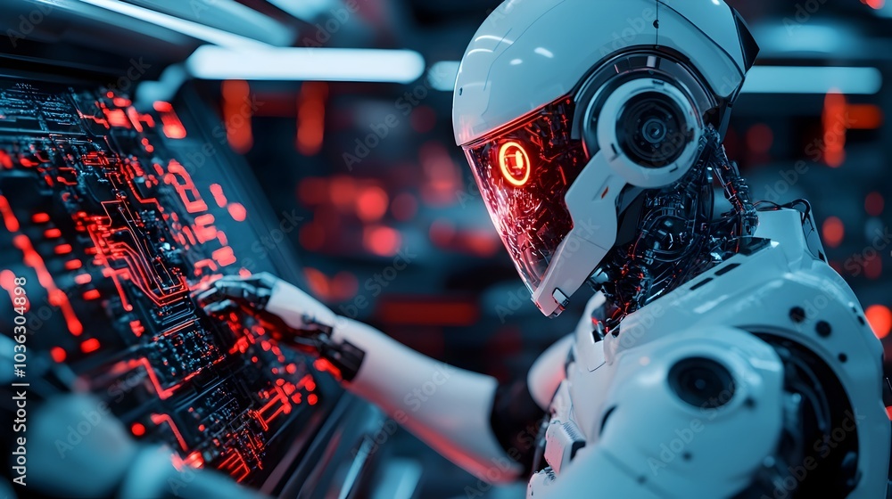 Poster futuristic robot assistant adjusting car wiring and electronics in a dark neon lit workshop holograp