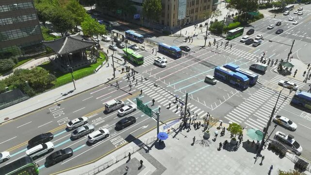 Drone View of Seoul city in South Korea, Jongno, Gwanghwamun Square, Summer 60fps