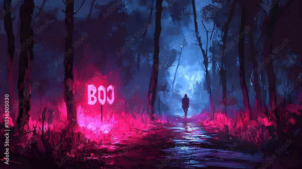 Poster shadowy ominous figure looming in the background behind spooky cobweb covered boo text in a dark moo