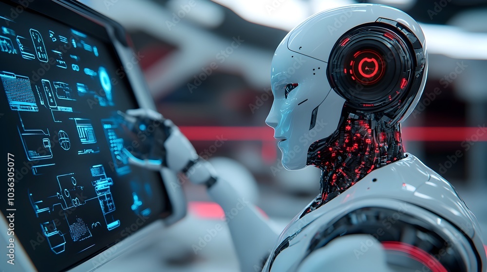 Poster humanoid robot diligently working on repairs to the advanced interface of a futuristic car utilizing