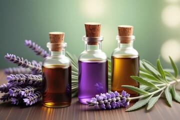 Peppermint oil bottles and lavender, horizontal composition