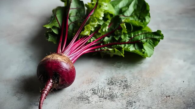 A fresh beet with green leaves sits on a gray countertop