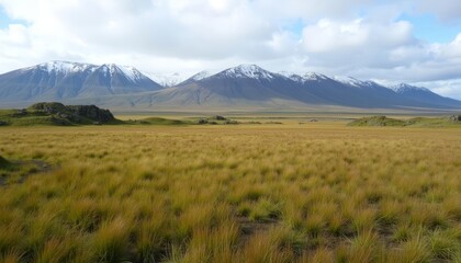 Fototapeta premium Majestic mountains under a cloudy sky with a vast grassy plain