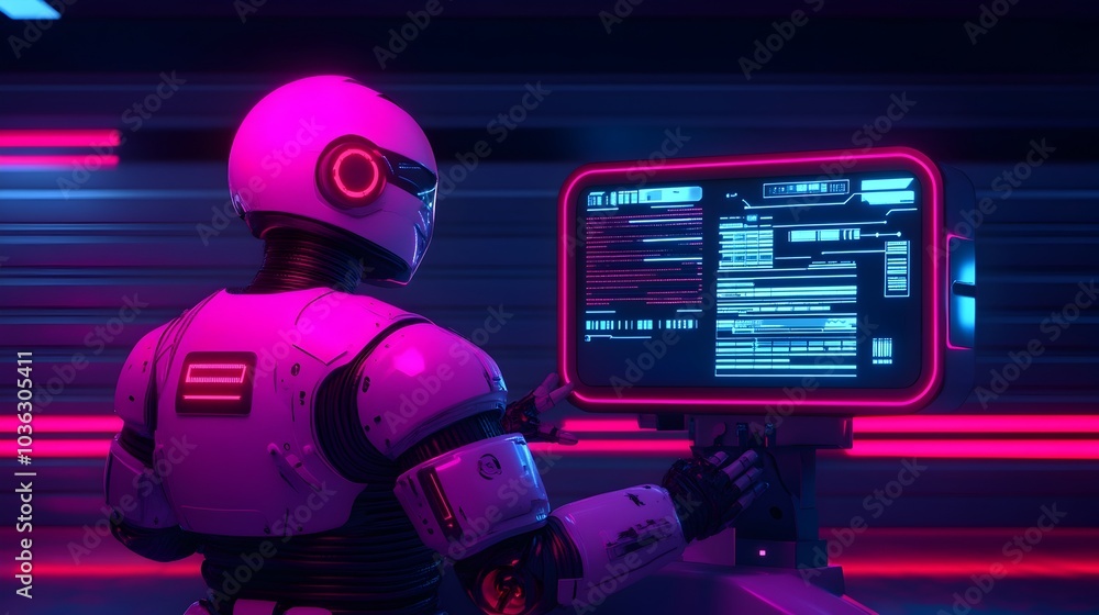 Poster robotic mechanic installing advanced futuristic technology into an electric car with holographic scr