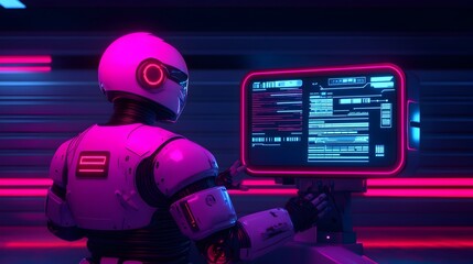 Robotic mechanic installing advanced futuristic technology into an electric car with holographic screens displaying diagnostic data in a high tech neon accented garage setting