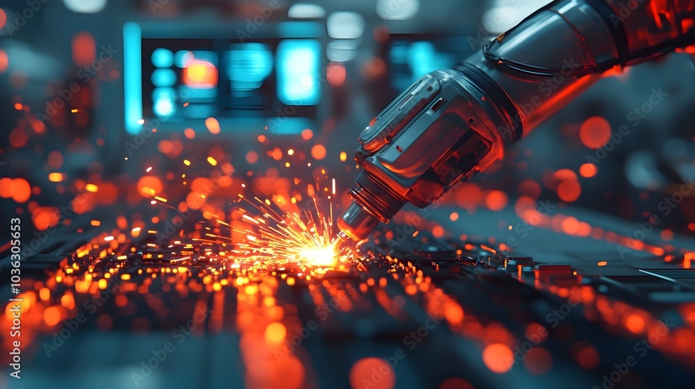 Poster ai driven robot welding a car s exterior with sparks flying and holographic displays in the backgrou