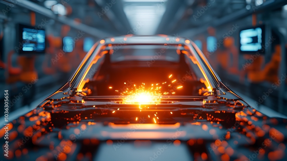 Poster futuristic scene of an ai driven robot welding the exterior of a car with sparks flying and holograp