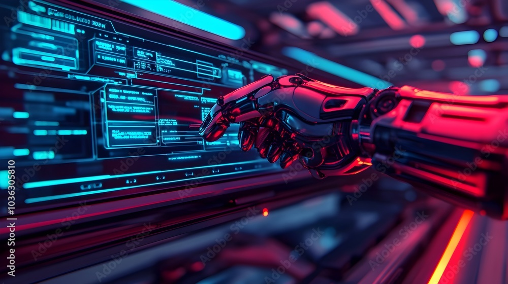 Poster robotic arm scanning and fixing car parts with laser precision in a futuristic high tech automotive 