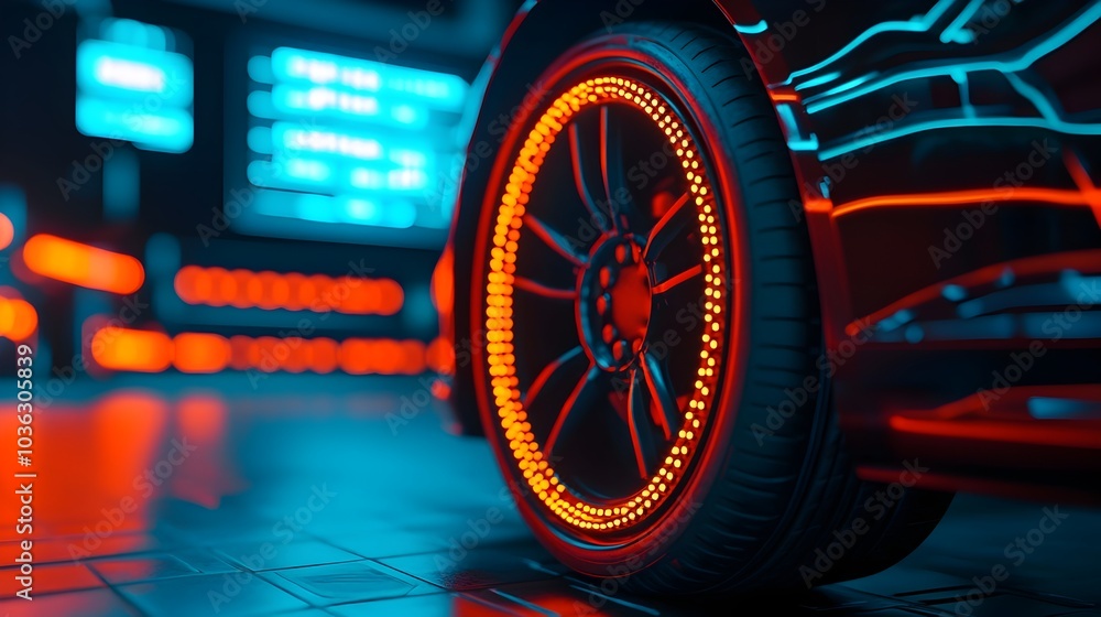 Poster an automated robot technician checking the tire pressure of a futuristic vehicle with a holographic 
