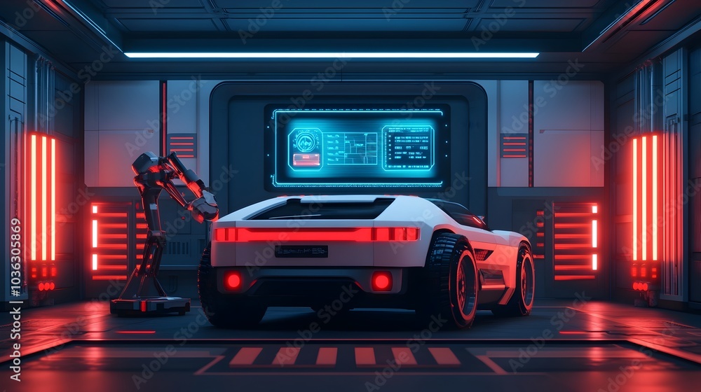 Poster automated robot technician checking the tire pressure of a futuristic vehicle in a dark garage with 
