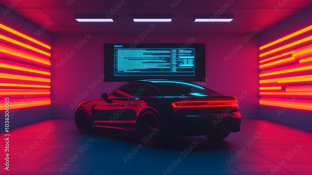 Poster sleek robotic technician installing futuristic software in a car with floating holographic interface
