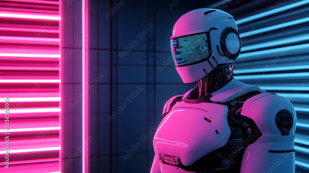 Poster futuristic scene of a sleek robotic technician installing advanced software into the dashboard of a 