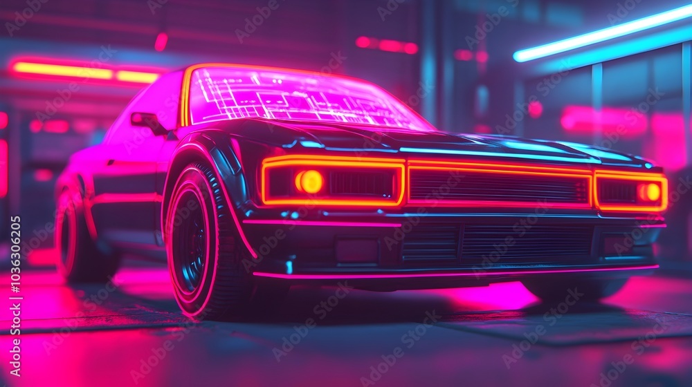 Poster ai powered robot meticulously repairing a futuristic car engine in a neon lit garage using precision