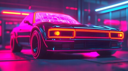 Obraz premium AI powered robot meticulously repairing a futuristic car engine in a neon lit garage using precision lasers and holographic blueprints to guide its work with sparks flying in the high tech workspace