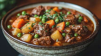 Hearty and comforting organic beef stew with tender chunks of meat fresh carrots potatoes and peas served in a rustic ceramic bowl   a perfect winter or autumn comfort meal
