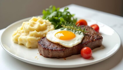  Deliciously cooked steak with sunnysideup egg and fresh garnish