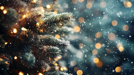 A magical winter scene featuring snow covered trees illuminated by warm, twinkling lights amidst gently falling snowflakes.